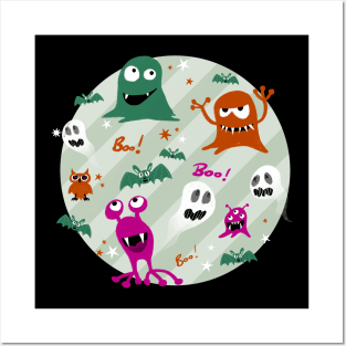 Boo! Very spooky monsters on green stripes Posters and Art